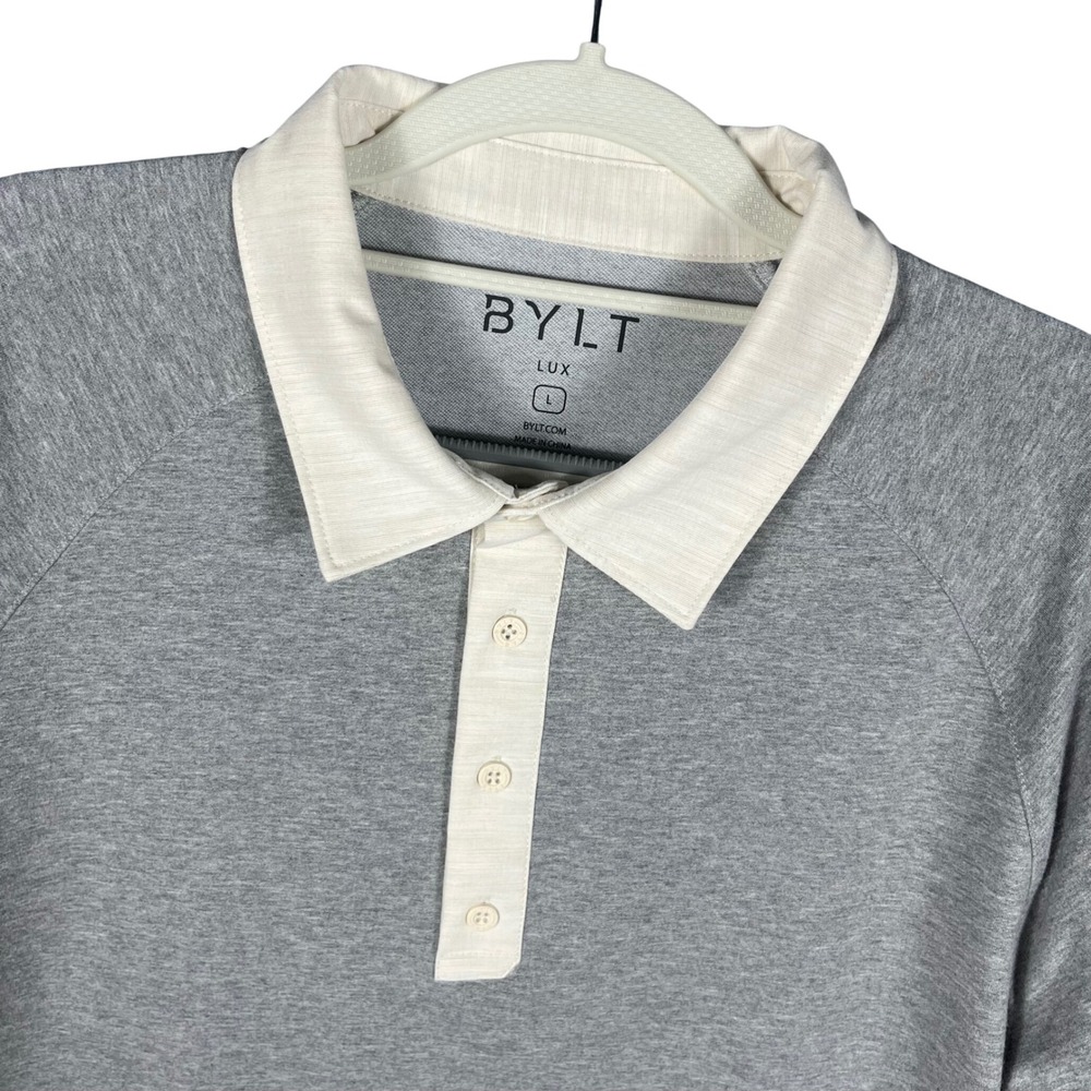 BYLT Lux Polo Shirt Mens Large Grey Long Sleeve Contrast Collar Raglan Stretch